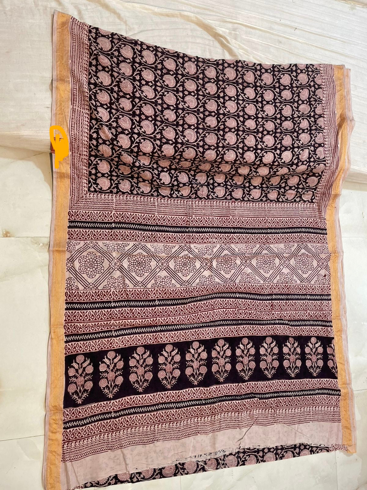 Bagh Print Cotton Saree with Zari Border