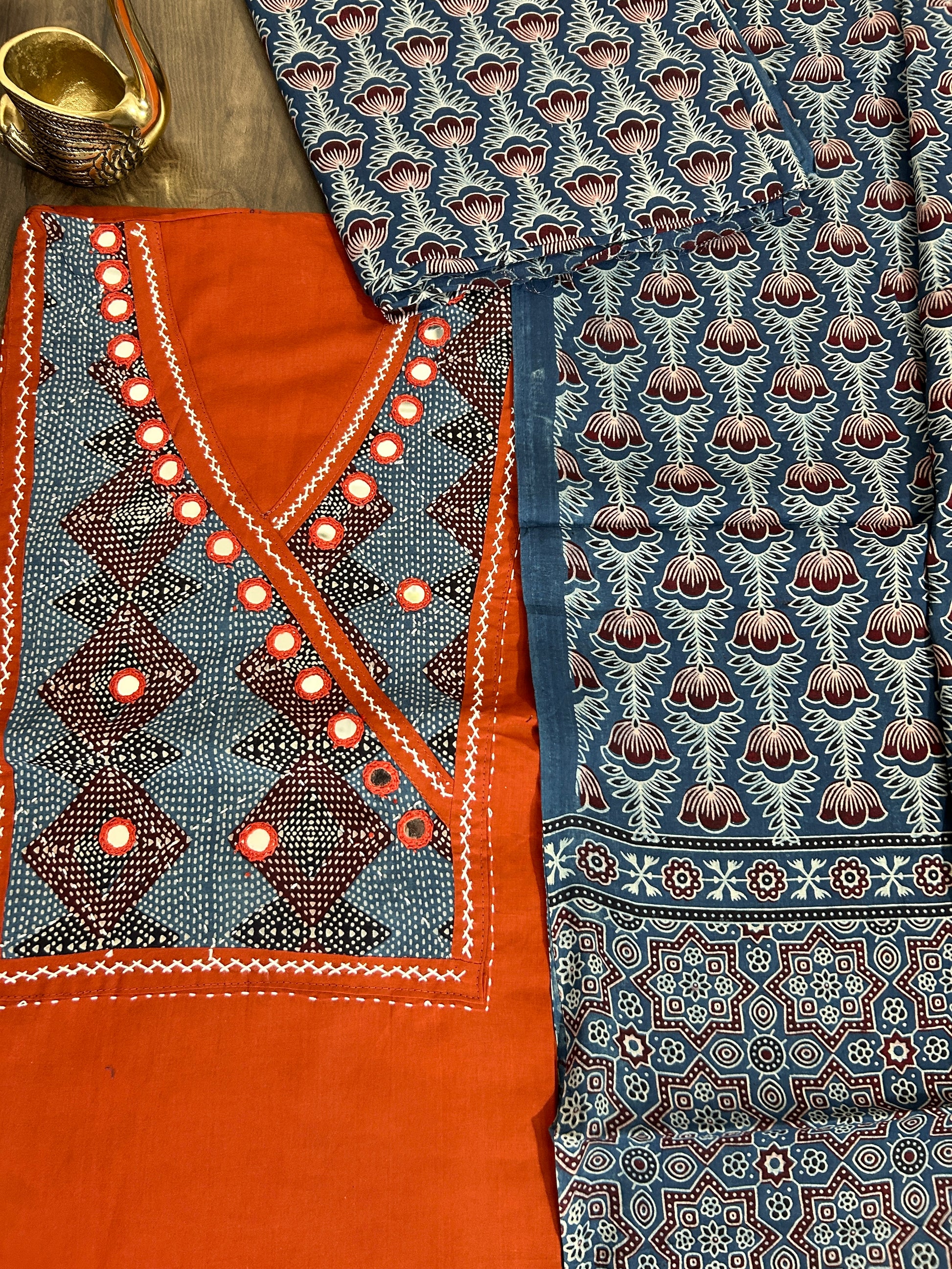 Ajrakh Cotton Dress Material with Original Mirror Work
