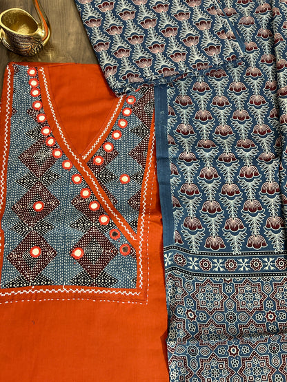 Ajrakh Cotton Dress Material with Original Mirror Work