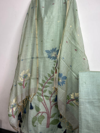 Apple Green Assam Muga Cotton Woven Dress Material