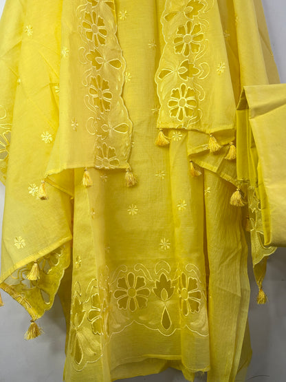 Yellow Applique Work Banarsee Dress Material