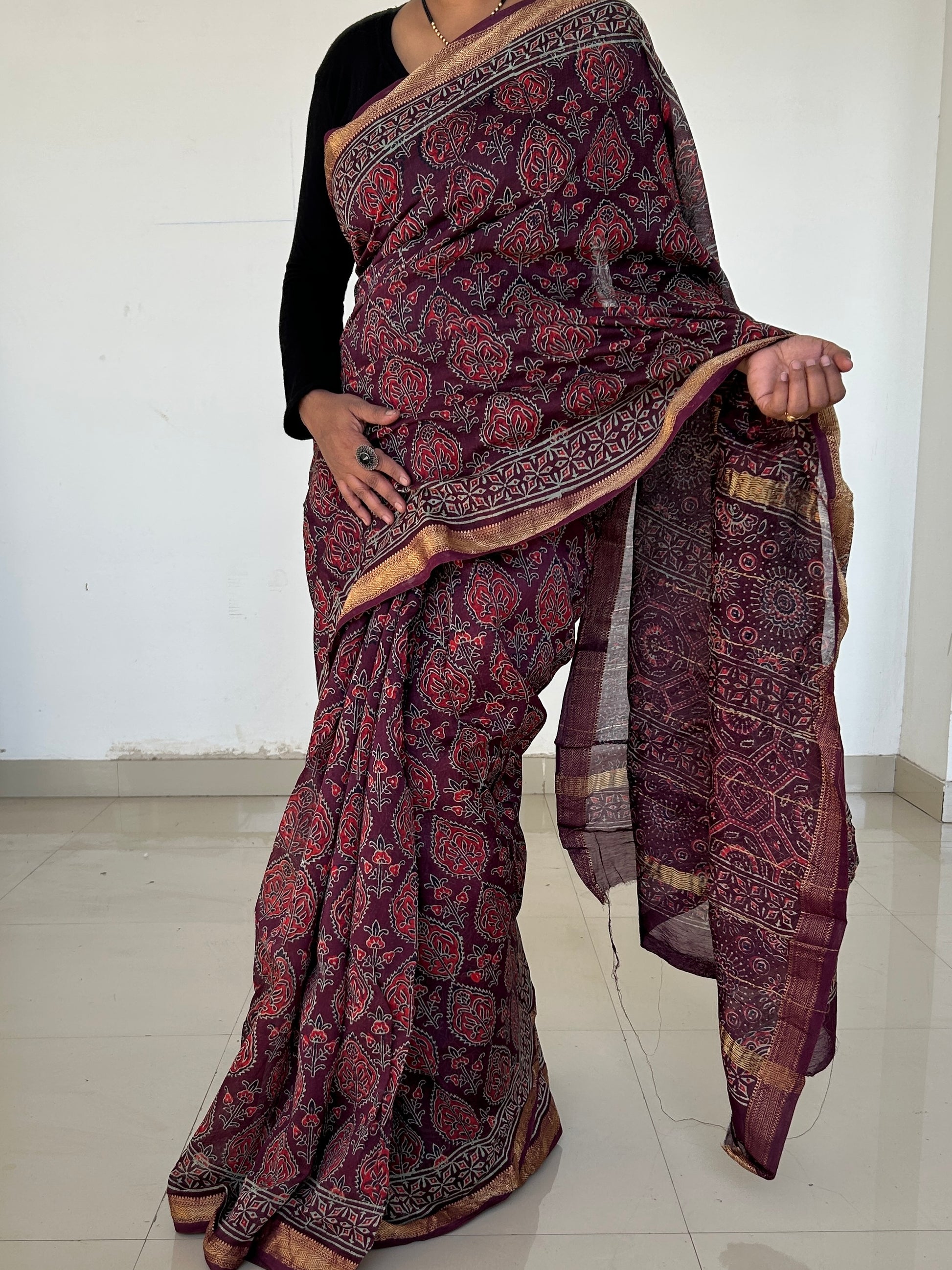 Ajrakh Maheshwari Silk Cotton Saree with Gold zari Border