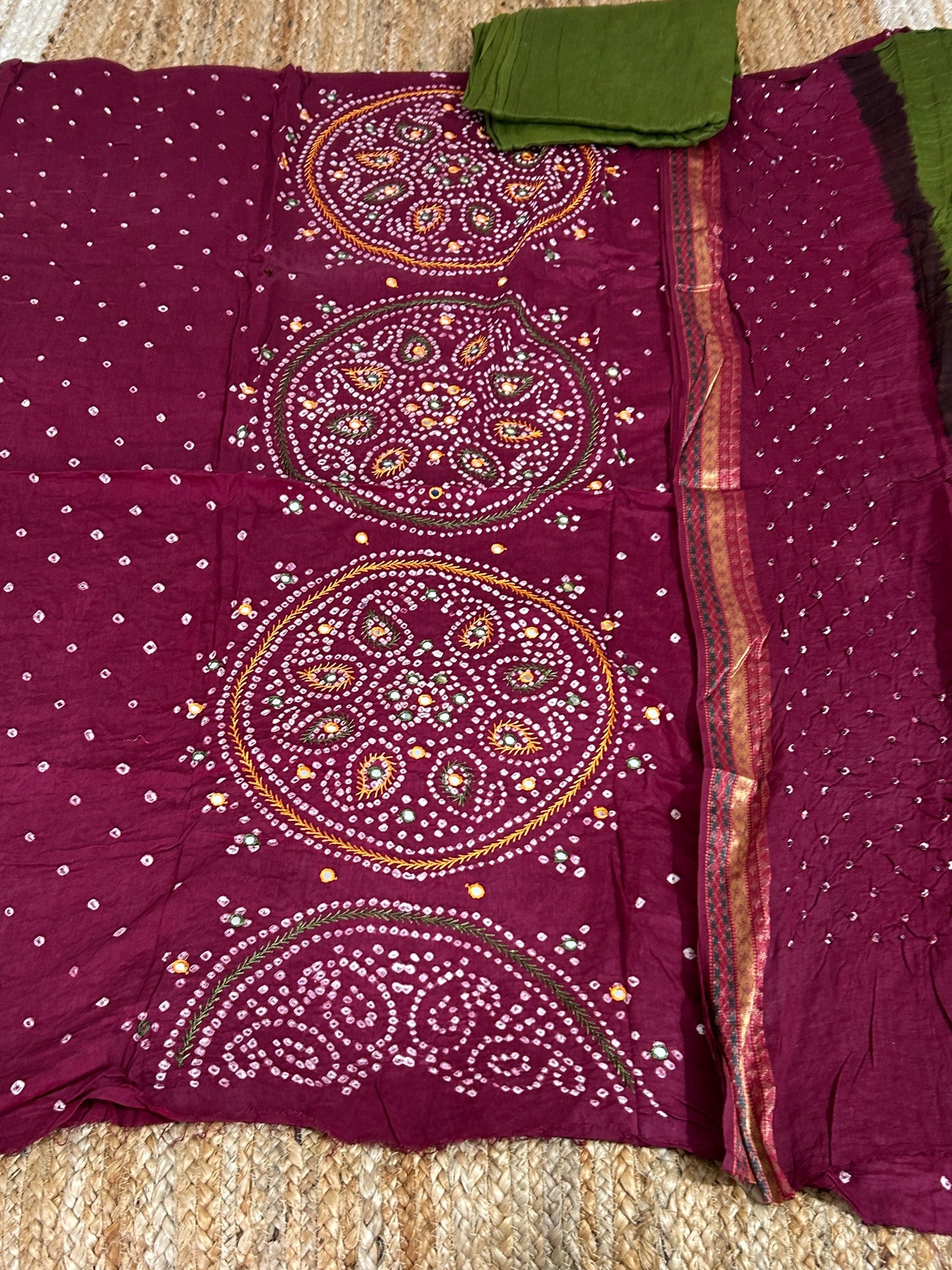 Bandhej HandWork and Mirror Work Cotton Dress Material