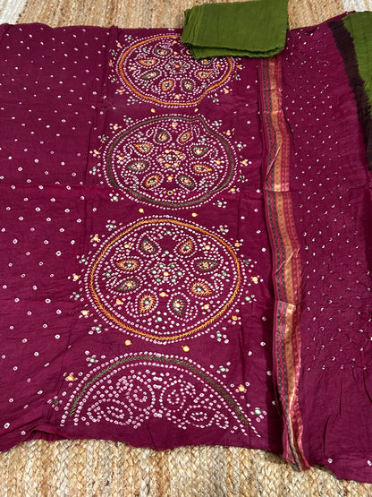Bandhej HandWork and Mirror Work Cotton Dress Material