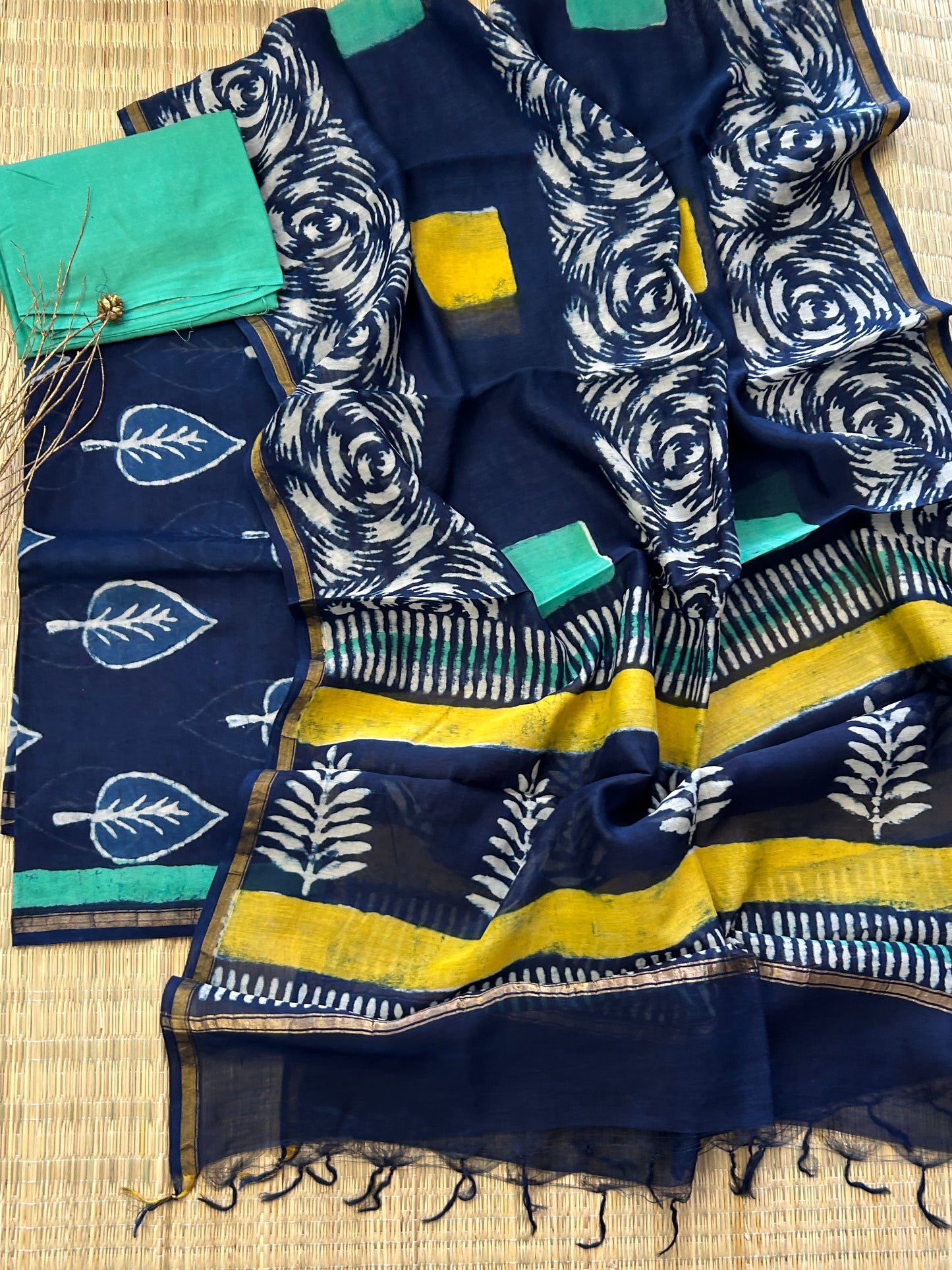 Hand BlockPrint Chanderi Silk Cotton Dress Material with Shantoon bottom