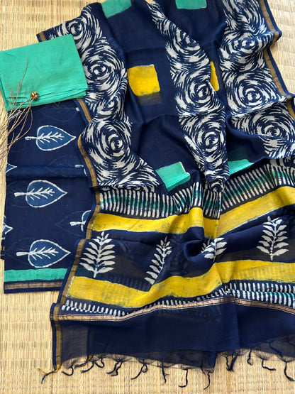 Hand BlockPrint Chanderi Silk Cotton Dress Material with Shantoon bottom