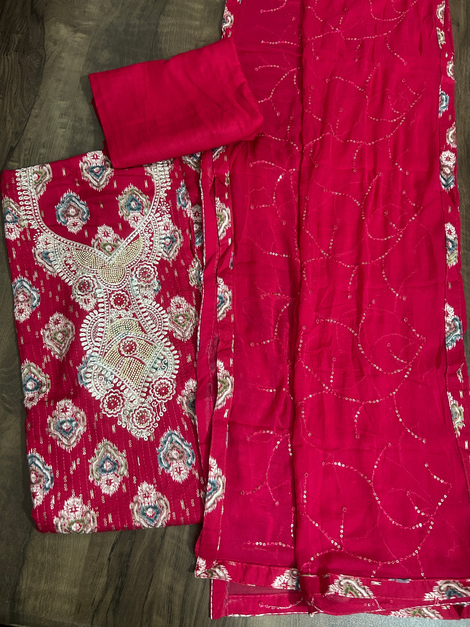 Embroidered Cotton Dress Material with Chiffon Dupatta