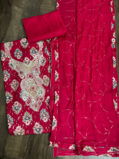 Embroidered Cotton Dress Material with Chiffon Dupatta