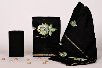 Wine Hand Painted Chanderi Silk Cotton Dress Material