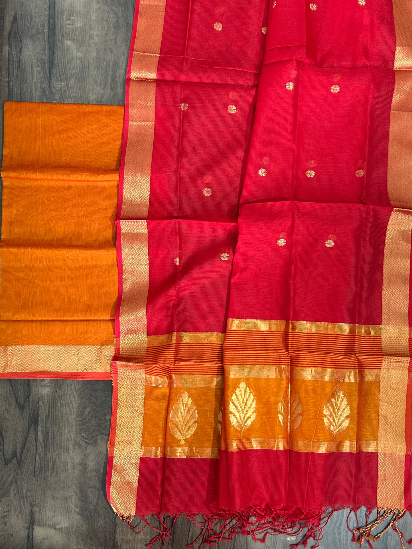 Orange Red Maheshwari Silk Dress Material