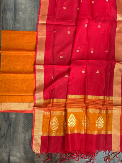 Orange Red Maheshwari Silk Dress Material