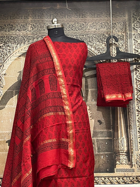 Bagh print Maheshwari Silk Cotton Dress Material