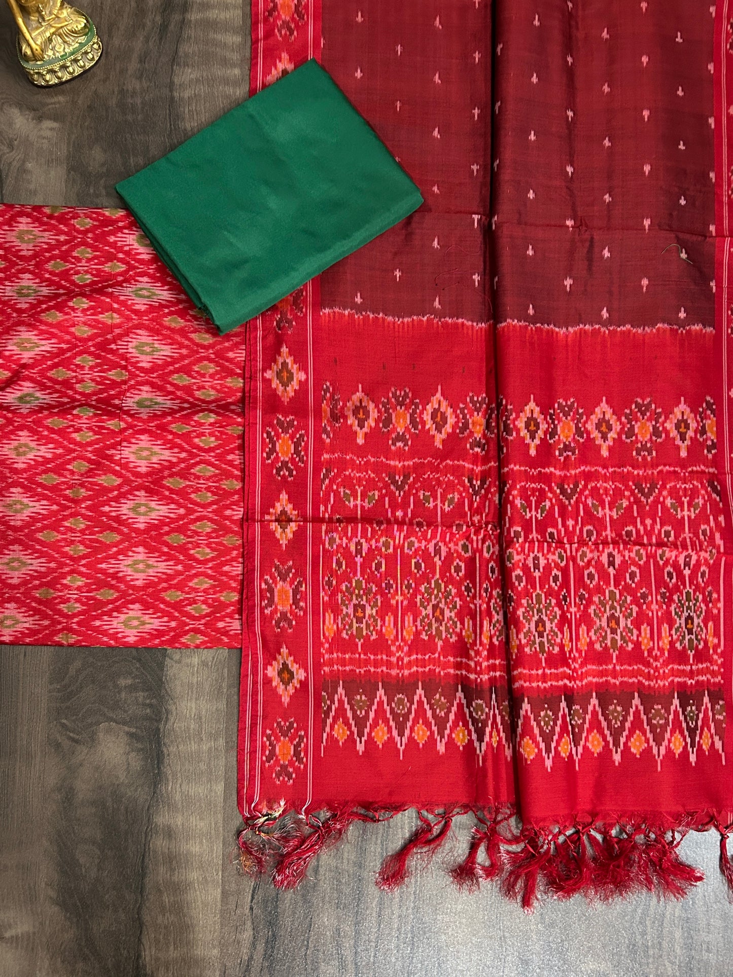 Red Green Ikat Handloom Pure Silk Cotton Dress Material *