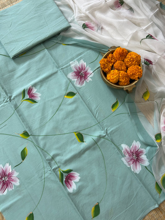 Hand Painted Cotton Dress Material with Chiffon dupatta