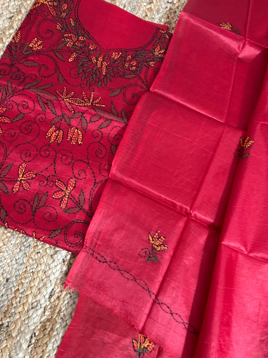 Tussar Silk Cotton Kantha Work top dupatta set