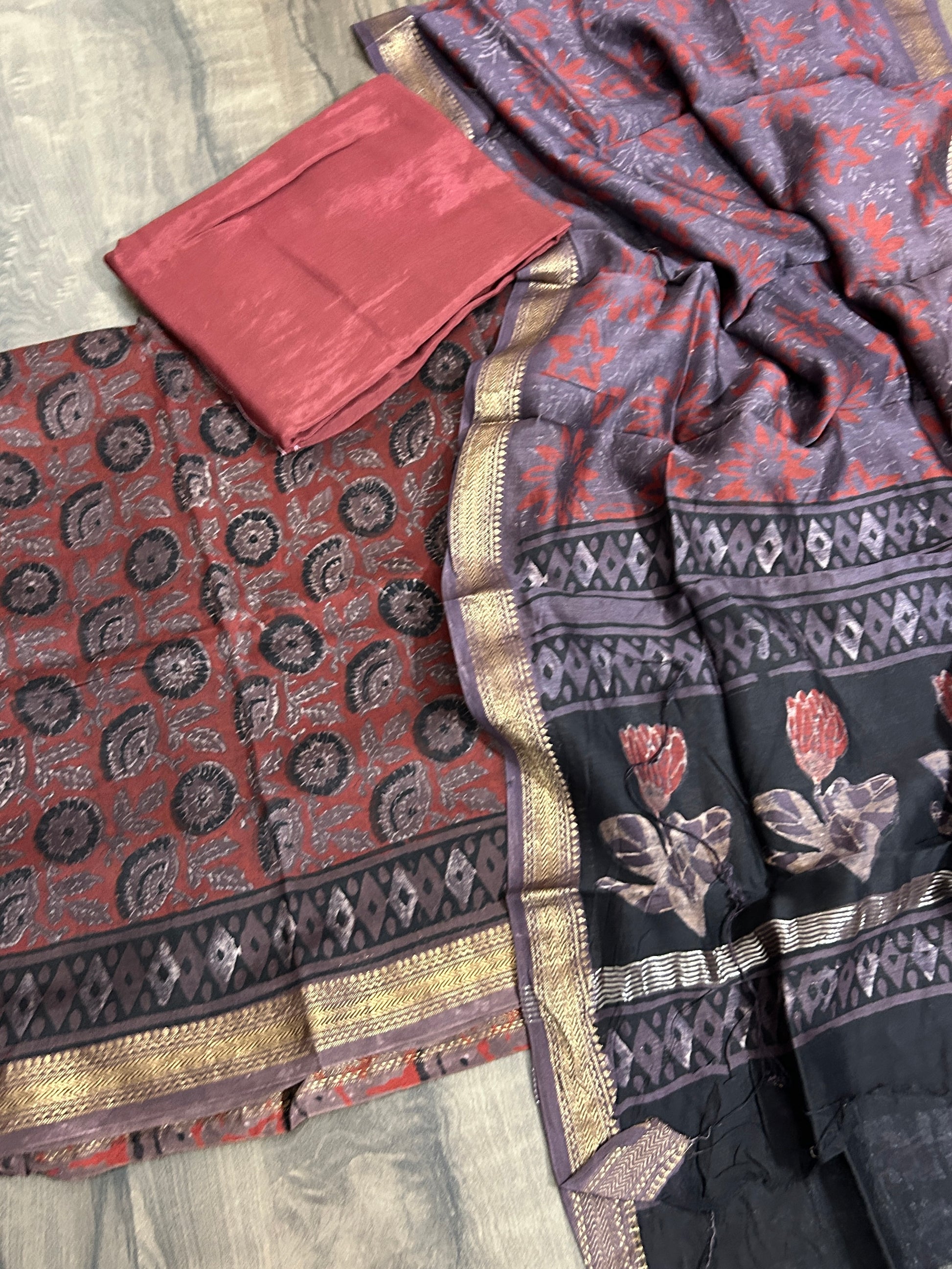 Hand Block Print Maheshwari Silk Dress Material with Shantoon Bottom