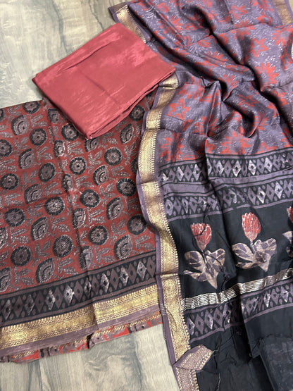 Hand Block Print Maheshwari Silk Dress Material with Shantoon Bottom