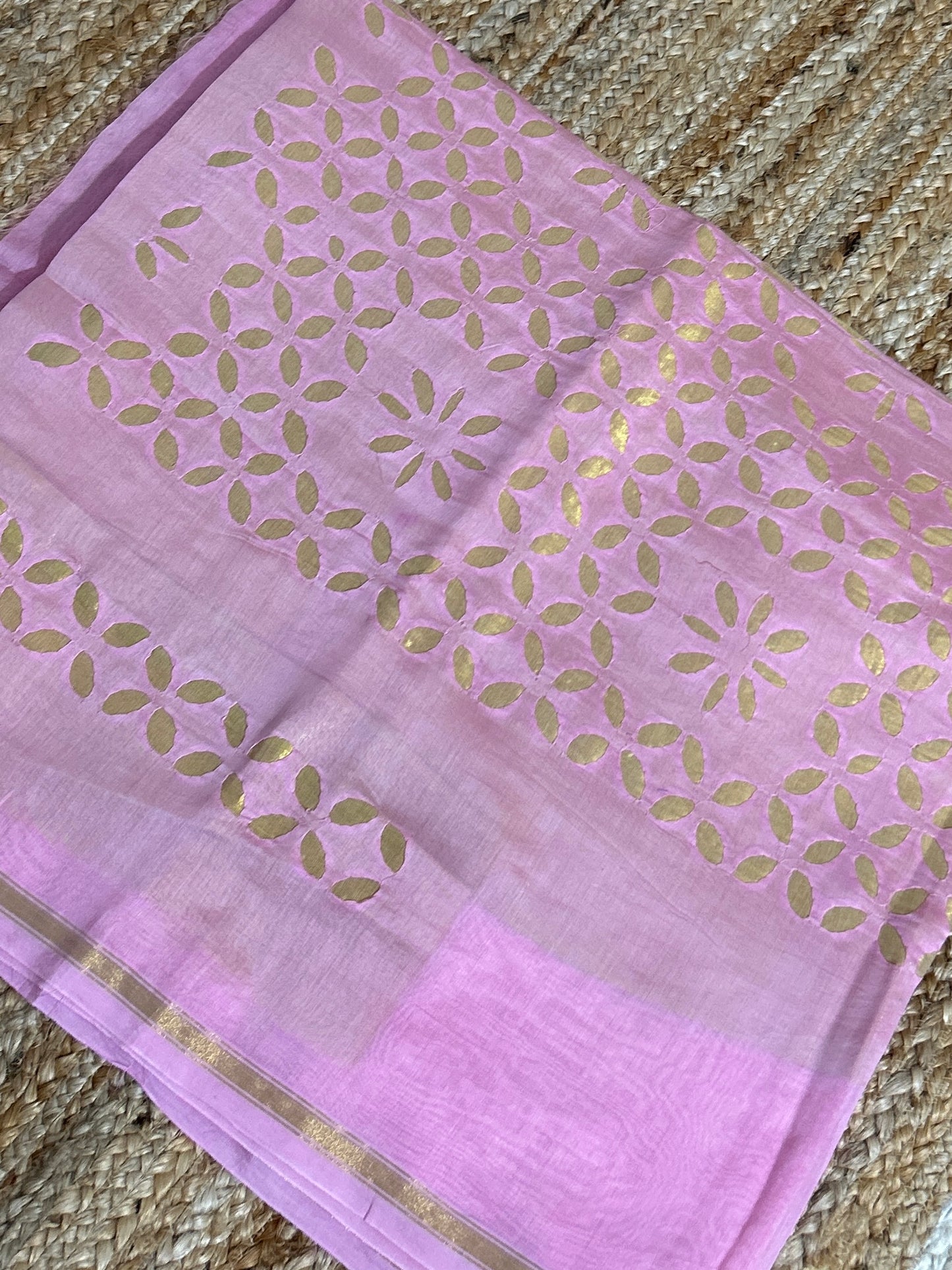Pink Appliqué Work Chanderi Silk Kurti Fabric