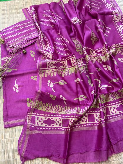 Hand Blockprint Chanderi 4 ply Pure Silk Dress Material with Chanderi silk bottom