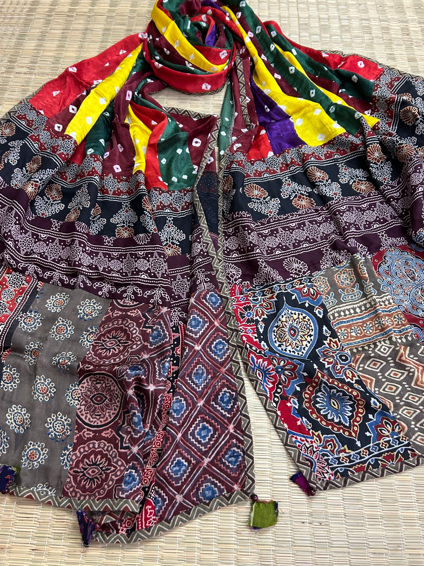 Ajrakh Bandhej Patch Work Modal Silk Dupatta (D62)