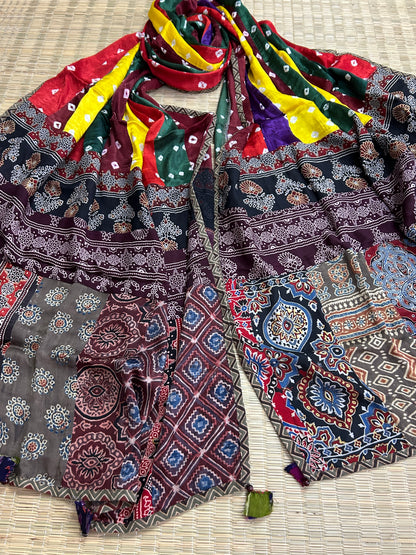 Ajrakh Bandhej Patch Work Modal Silk Dupatta (D62)