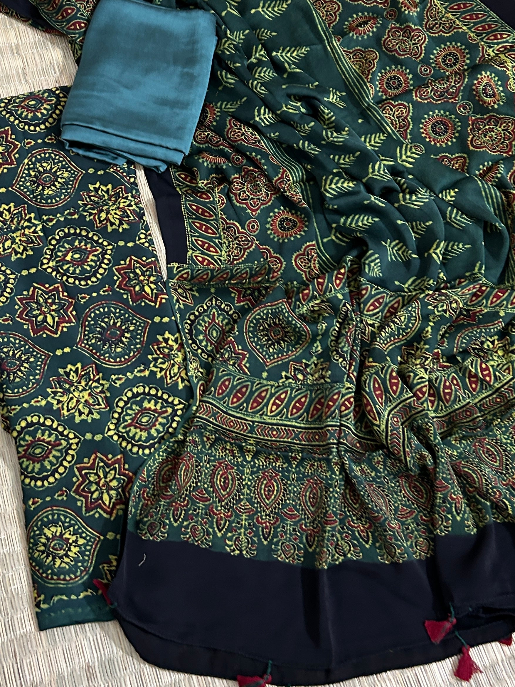 Green Ajrakh Modal Dress Material