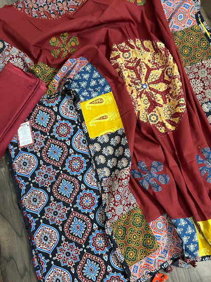Ajrakh Cotton Dress Material with Mirror work Dupatta