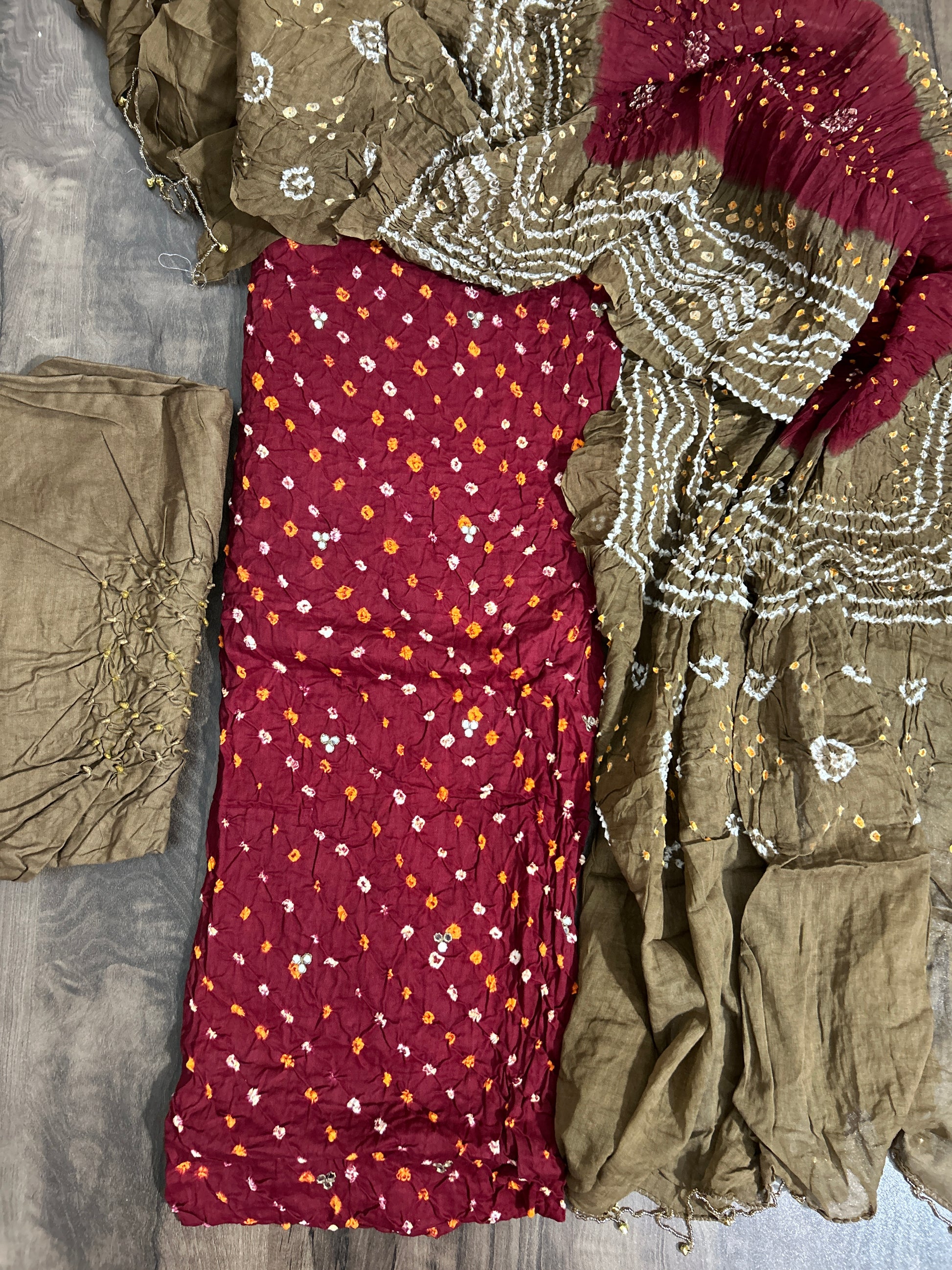 Bandhej mirror work Cotton Dress Material