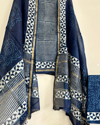 Hand Block Print Chanderi Silk Cotton Dress Material