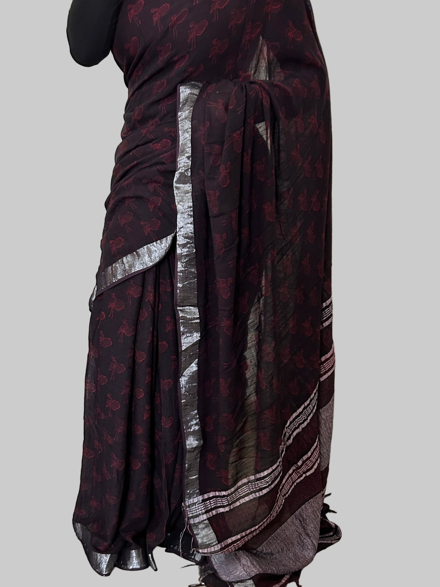 Akola Hand BlockPrint Linen Cotton Saree with Silver Border