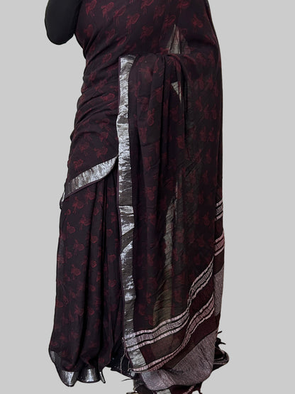 Akola Hand BlockPrint Linen Cotton Saree with Silver Border