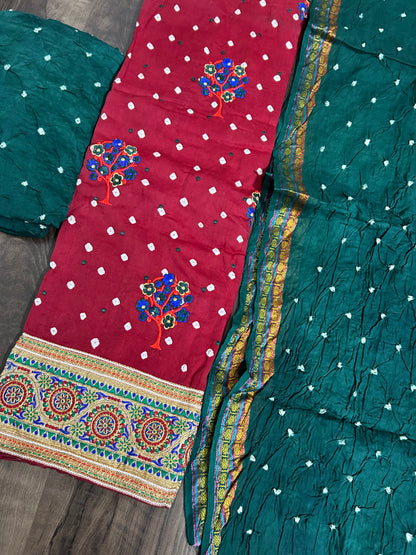 Embroidered Cotton Bandhej Dress Material