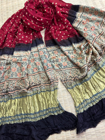 Pure Gajji Silk Bandhej Kalamkari Dupatta (D30)