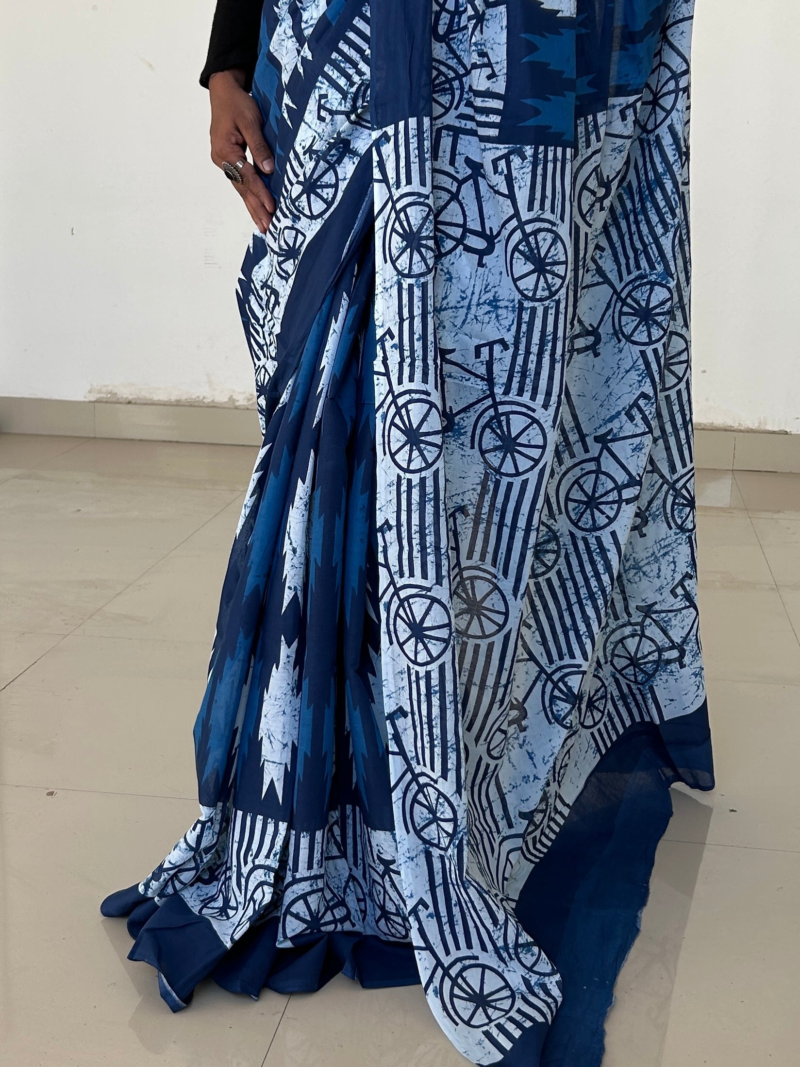 Indigo Hand BlockPrint Cotton Saree with Blouse