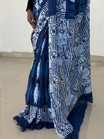 Indigo Hand BlockPrint Cotton Saree with Blouse