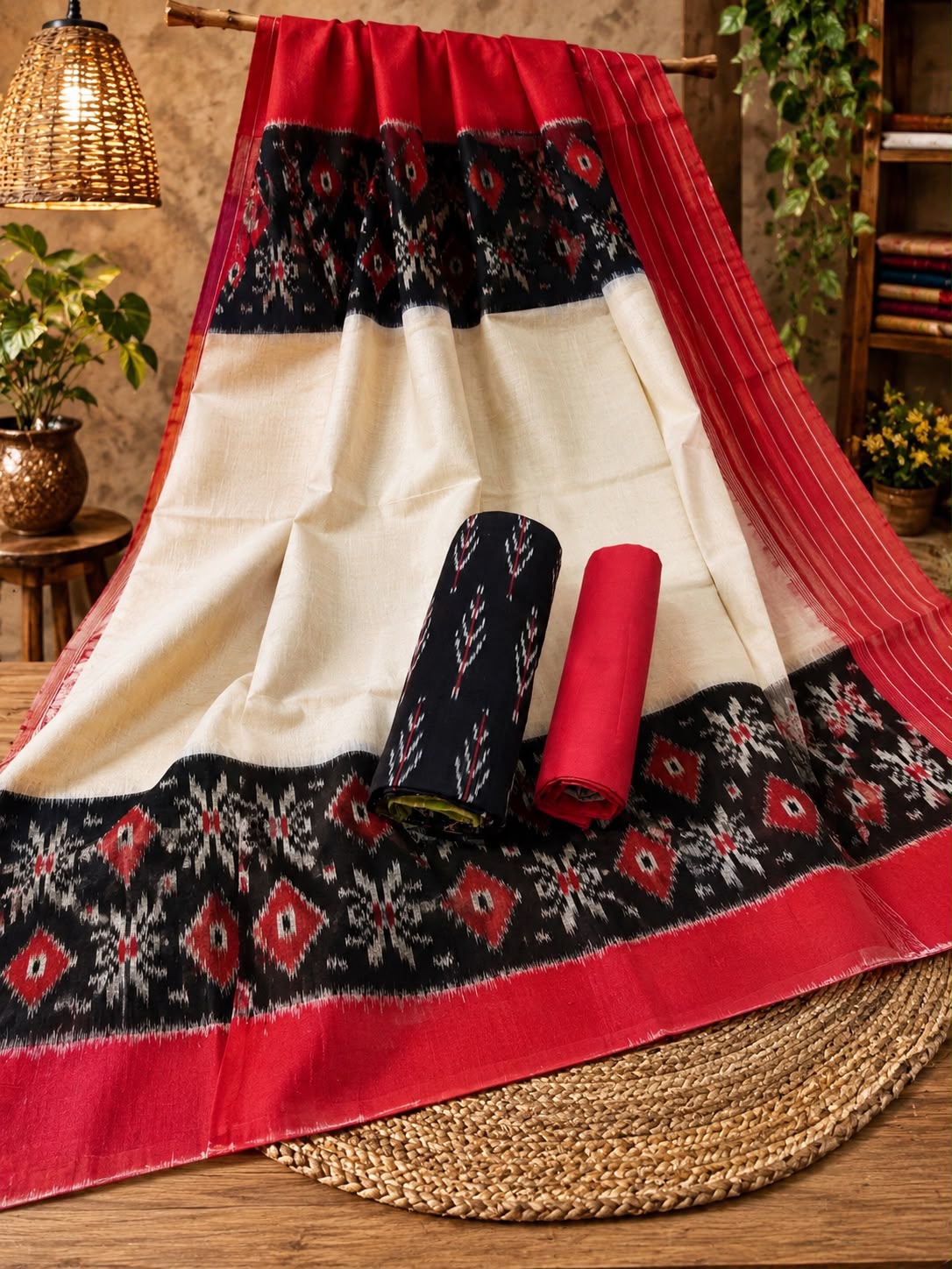 Black Red Double Ikat Cotton Dress Material