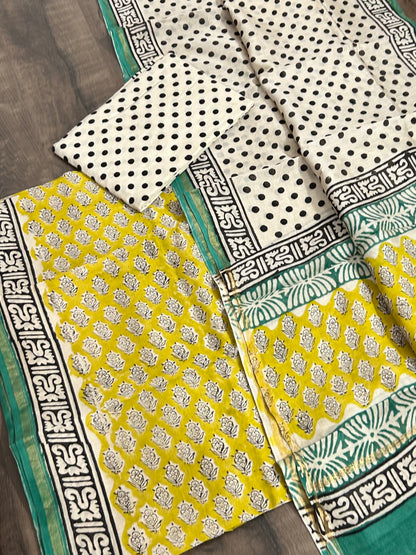 Hand Block Printed Chanderi Silk Cotton Dress Material with Shantoon Bottom