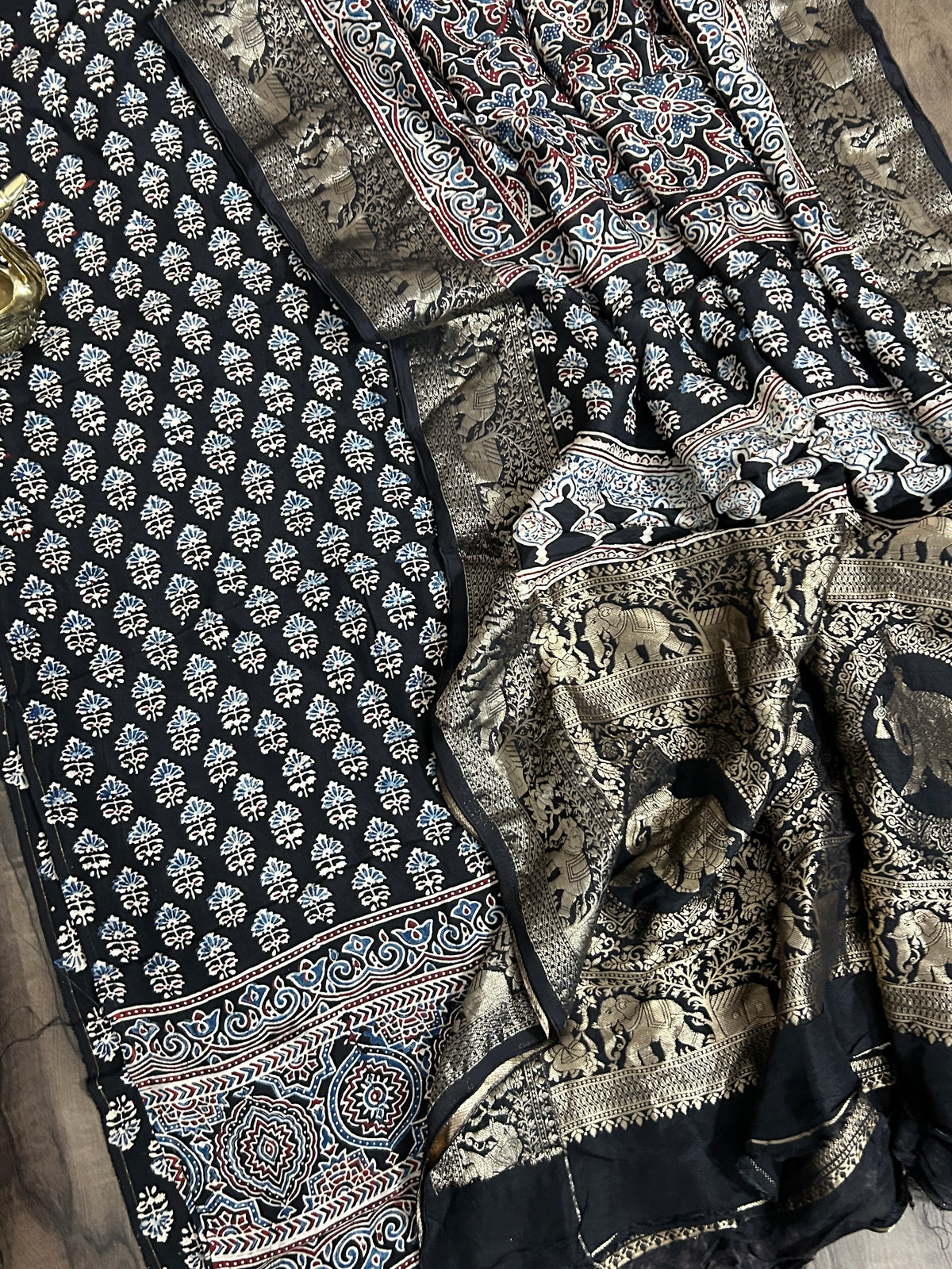 Ajrakh Dola Silk Dress Material wth Banarasee Border Dupatta