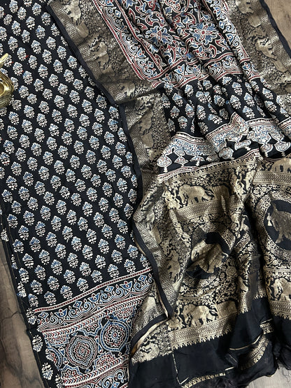 Ajrakh Dola Silk Dress Material wth Banarasee Border Dupatta