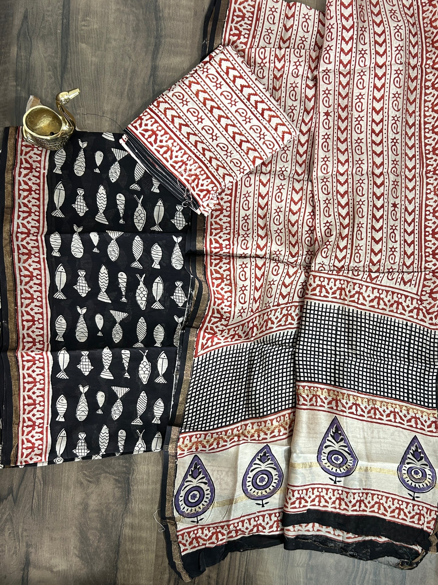 Hand Block Printed Chanderi Silk Cotton Dress Material with Shantoon Bottom