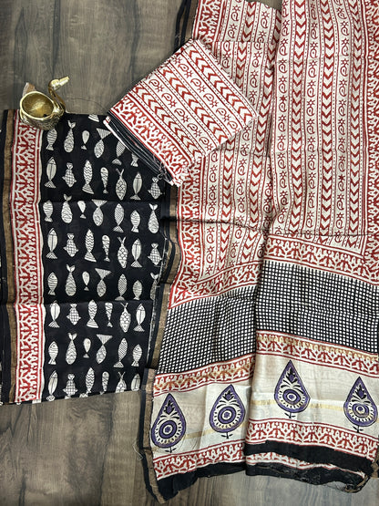 Hand Block Printed Chanderi Silk Cotton Dress Material with Shantoon Bottom