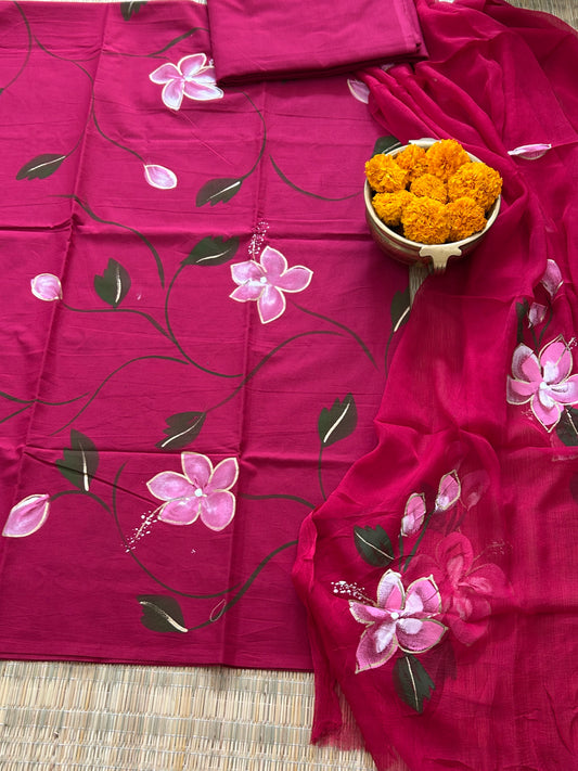 Hand Painted Cotton Dress Material with Chiffon Dupatta