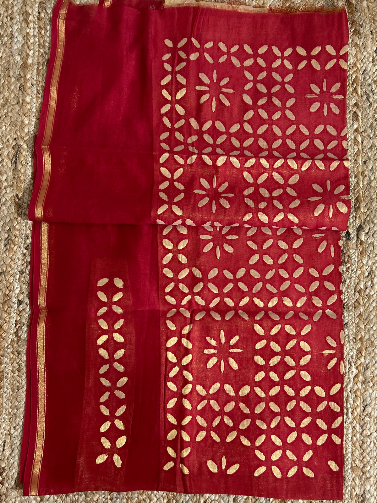 Red Appliqué Work Chanderi Silk Kurti Fabric