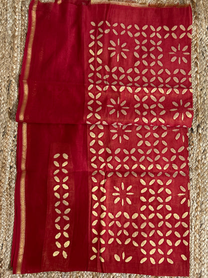 Red Appliqué Work Chanderi Silk Kurti Fabric