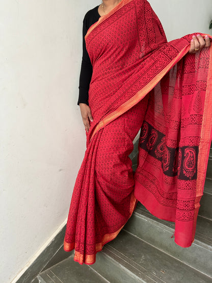 Bagh Print Cotton Saree with Zari Border