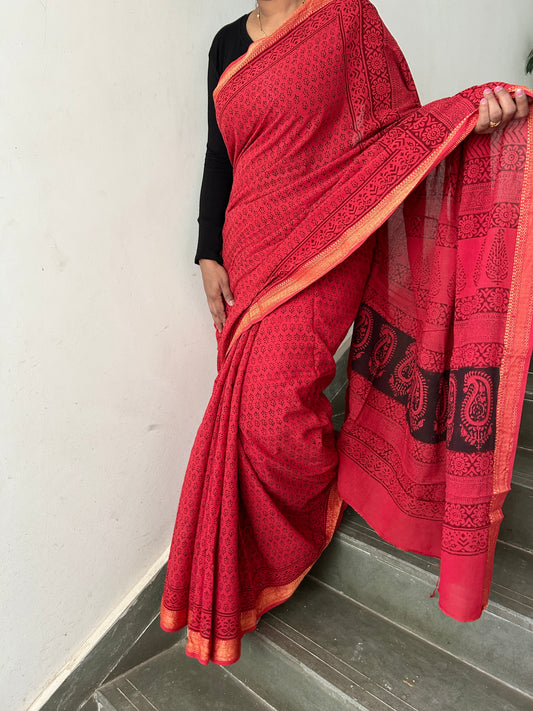 Bagh Print Cotton Saree with Zari Border