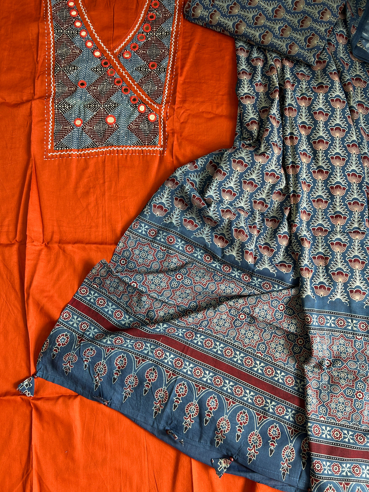 Ajrakh Cotton Dress Material with Original Mirror Work