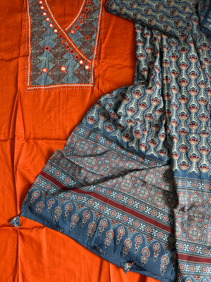 Ajrakh Cotton Dress Material with Original Mirror Work