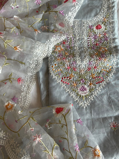 Cotton Dress Material with Embroidered Organza Dupatta