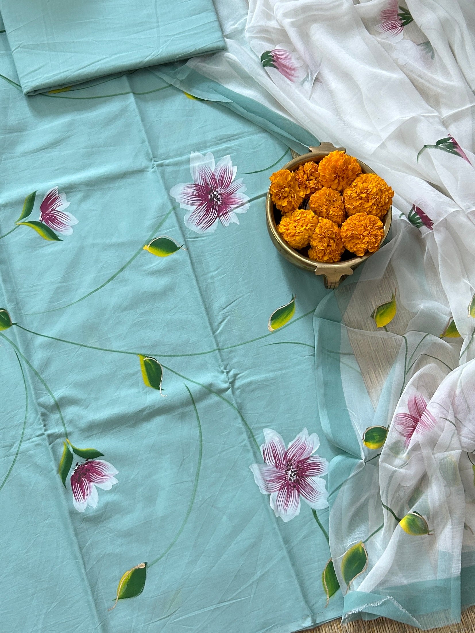 Hand Painted Cotton Dress Material with Chiffon dupatta